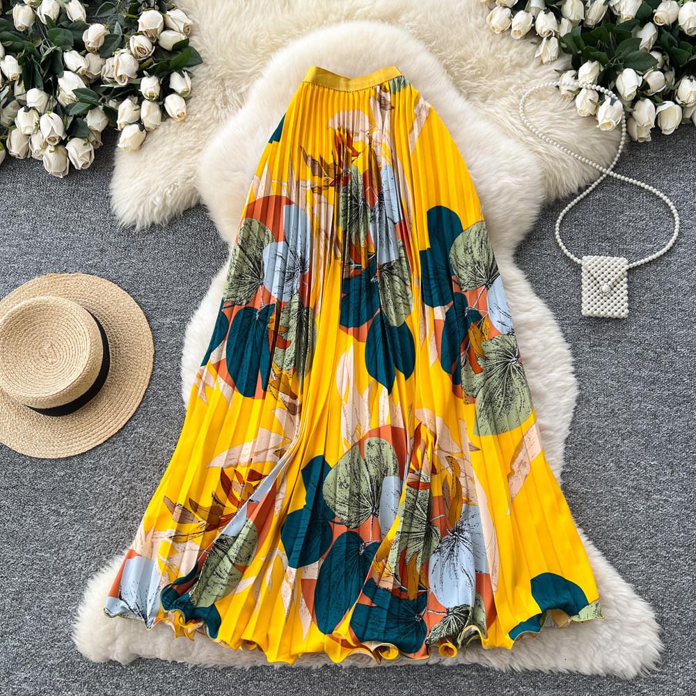 Qooth Floral Pleated Elastic A-Line Maxi Skirt High Waist Full Flare Long Skirt for Holiday QT2891