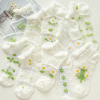 5 Pairs of Female Summer Ultra Thin Breathable Lace Hollowed Out Crystal Glass Wire Cool Boat Socks
