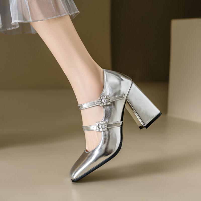 New single shoes women's four seasons wear women's small leather shoes super high heel square head large size shoes buckle rubber soft sole wat