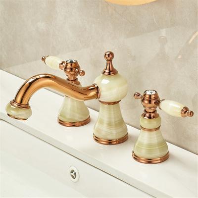 Rubinetto da Bagno in Ottone e Marmo Rubinetto dorato a 3 fori Rubinetto Rose Gold lusso Miscelatore per Lavabo Rubinetto per lavabo da doccia Caldo Freddo