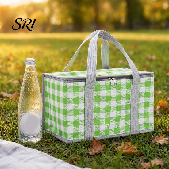 Plaid Picnic Basket Insulated Bag, Foldable Thermal Lunch for Outdoor, Heavy Waterproof Bag Duty Aluminum Foil Cooler Food, Camping Accessory