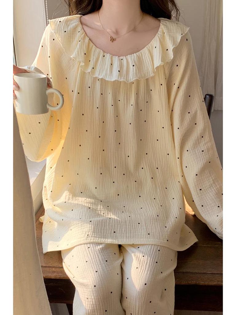 Ladies' Cartoon Pajama Set: Cotton Gauze, Long Sleeve & Pants, Thin Cardigan, Spring/Autumn Style.