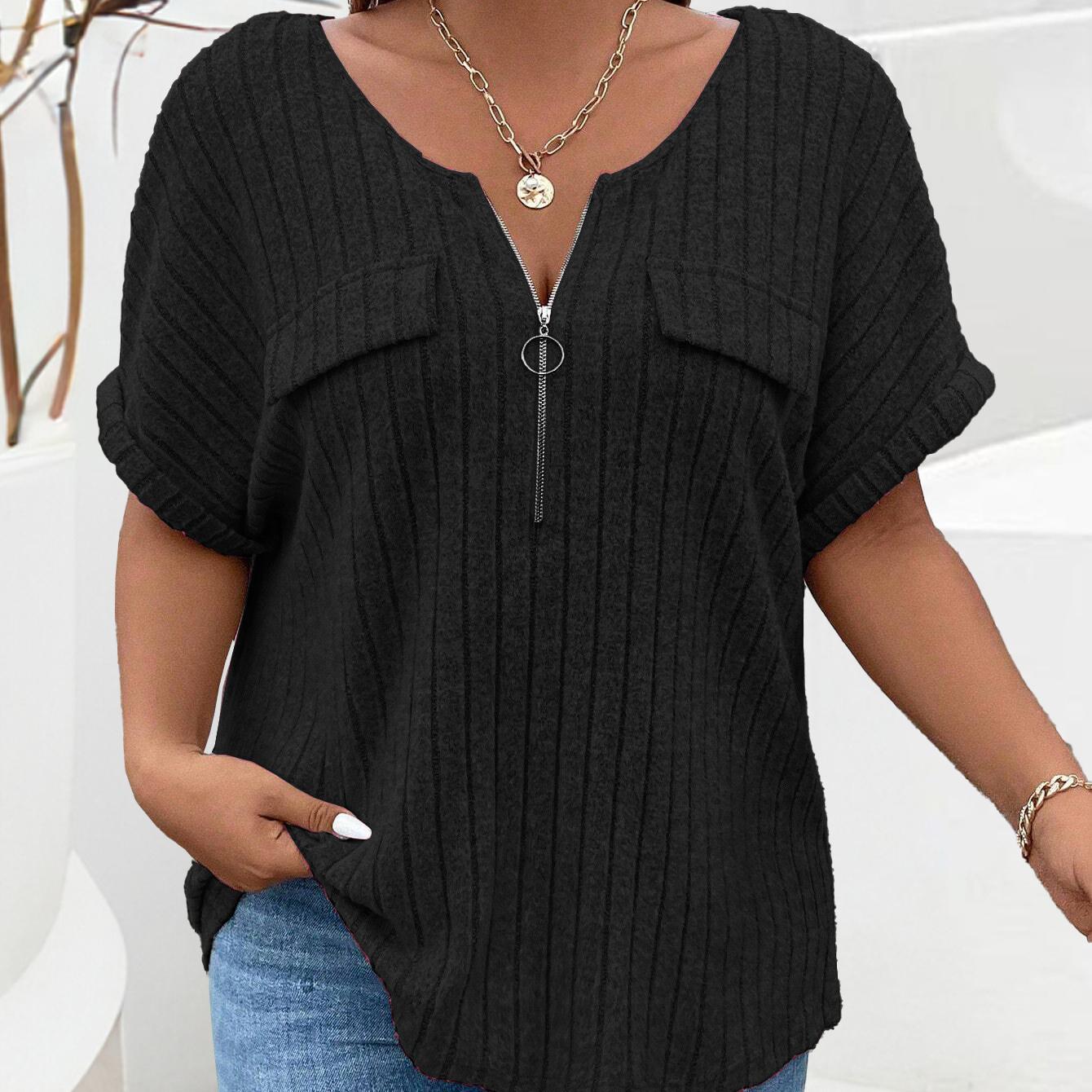 

Весна и лето, новый однотонный большой женский топ на молнии с коротким рукавом, пуловер с карманами, свободная футболка 2XL чёрный