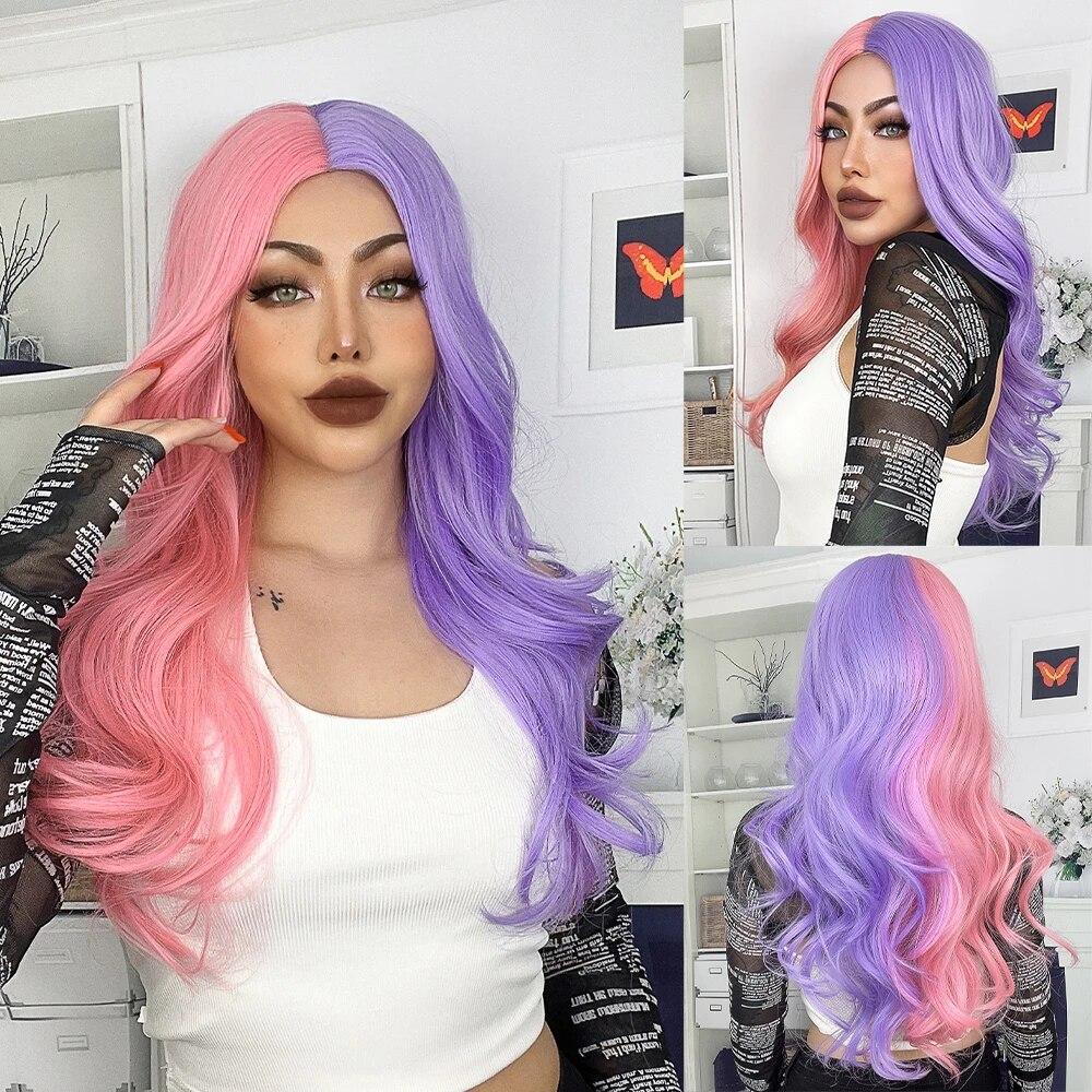 Long Wavy Ombre Black White Synthetic Wigs for Women Heat Resistant Natural Middle Part Cosplay Party Lolita Daily Hair Wigs