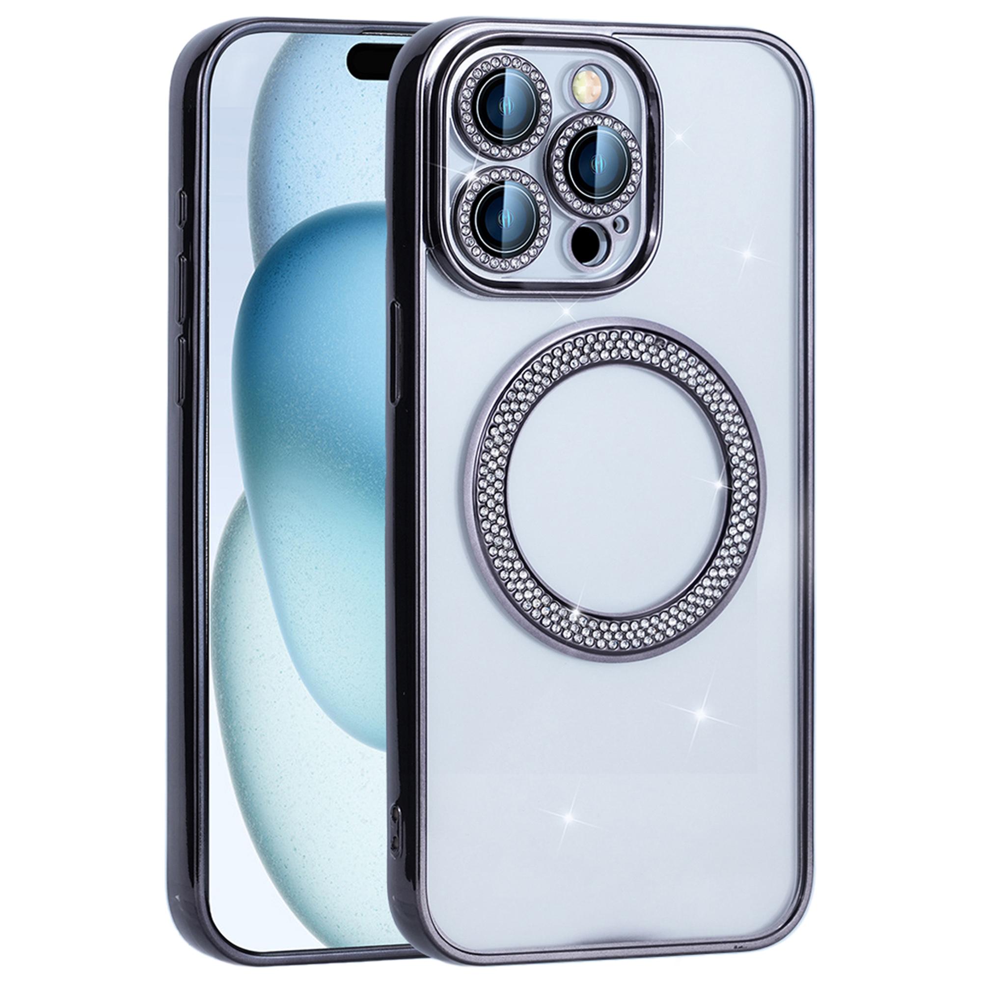 For iPhone 16 Pro Max Magnetic Case Bling Rhinestone Clear TPU + PC Phone Cover B