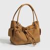 Women's Retro Drawstring Shoulder Bag Korean Style New Fashion Tote Bag Lychee-pattern Brand Handbag Large Simple Soft Cloud Bag