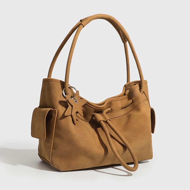 Women's Retro Drawstring Shoulder Bag Korean Style New Fashion Tote Bag Lychee-pattern Brand Handbag Large Simple Soft Cloud Bag