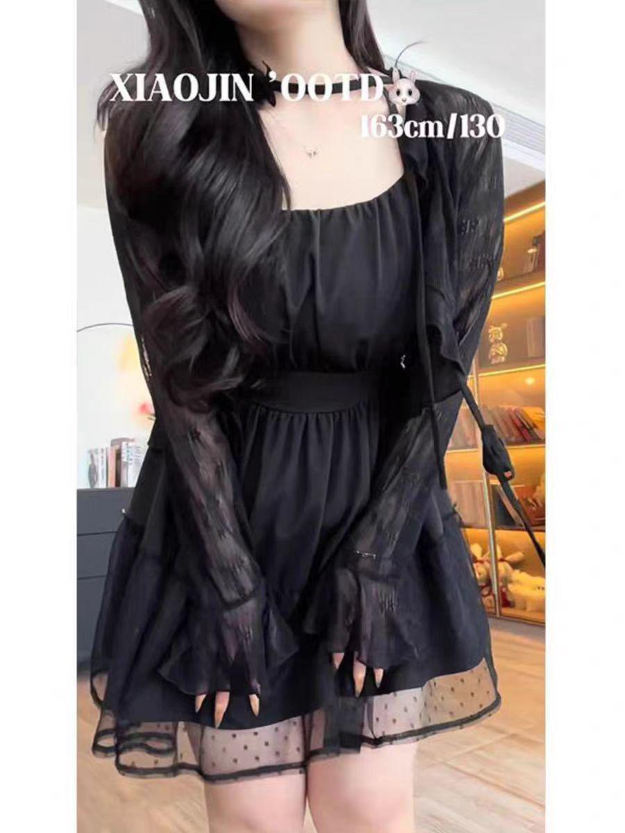 

Curvy French Style Spaghetti Strap Dress & Sun Protection Cardigan Set Black Cardigan