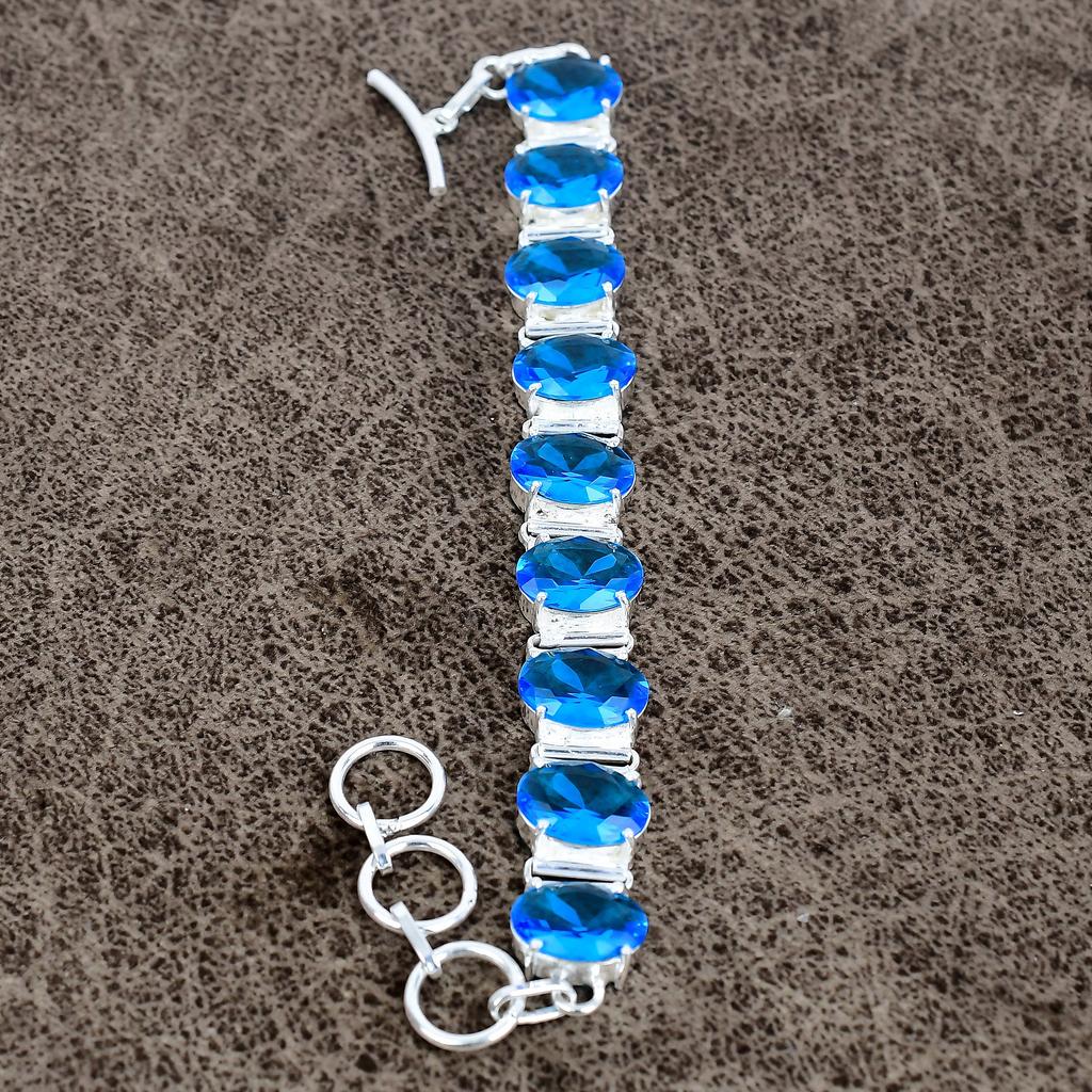 Blue Topaz Gemstone Handmade 925 Sterling Silver Bracelet 7-8" KKG-133