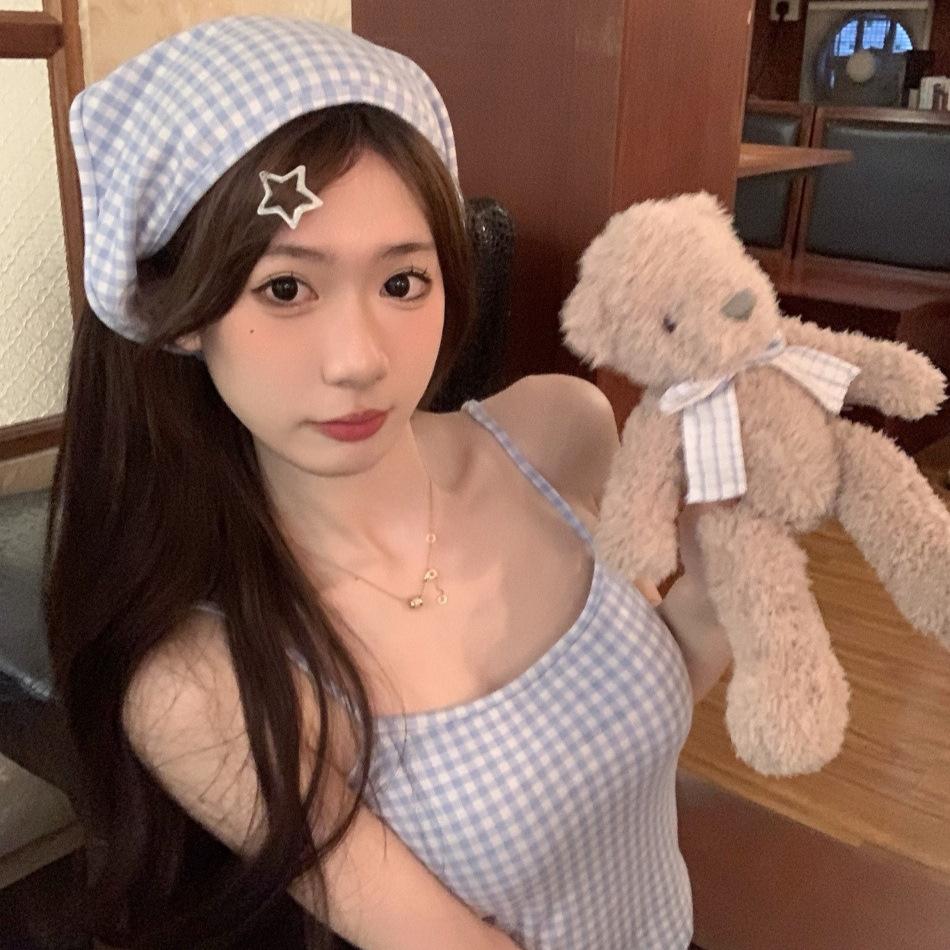 New summer women's clothing, Japanese and Korean BM Spice Girls pure desire sexy blue plaid suspender vest, crop top