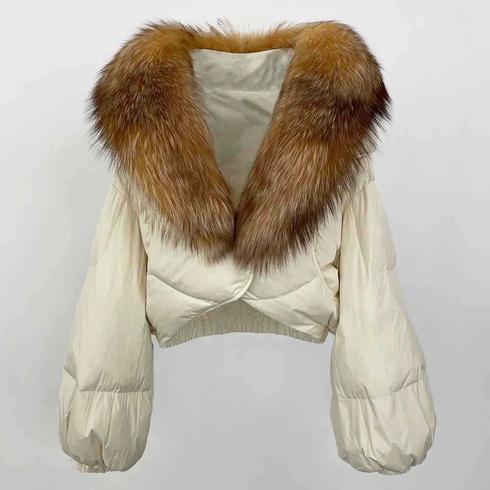 OFTBUY Jachetă de lux îngroșată și caldă de puf, la modă de iarnă, 90% puf de rață alb, haină scurtă pentru femei, cu guler de blană supradimensionat