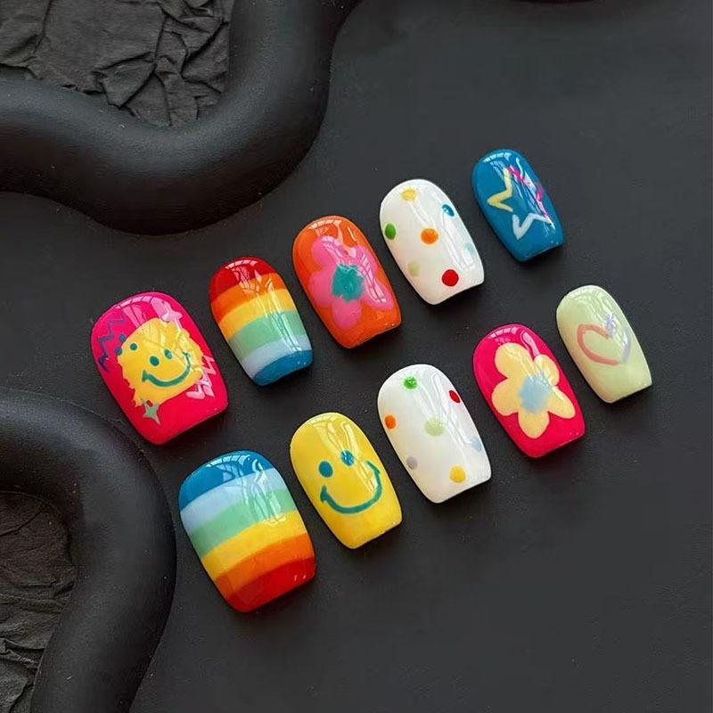 30Pcs Dopamine Short Fake Nails Cute Fun Press On Nails High Quality Decorative Nail Tips For Girls