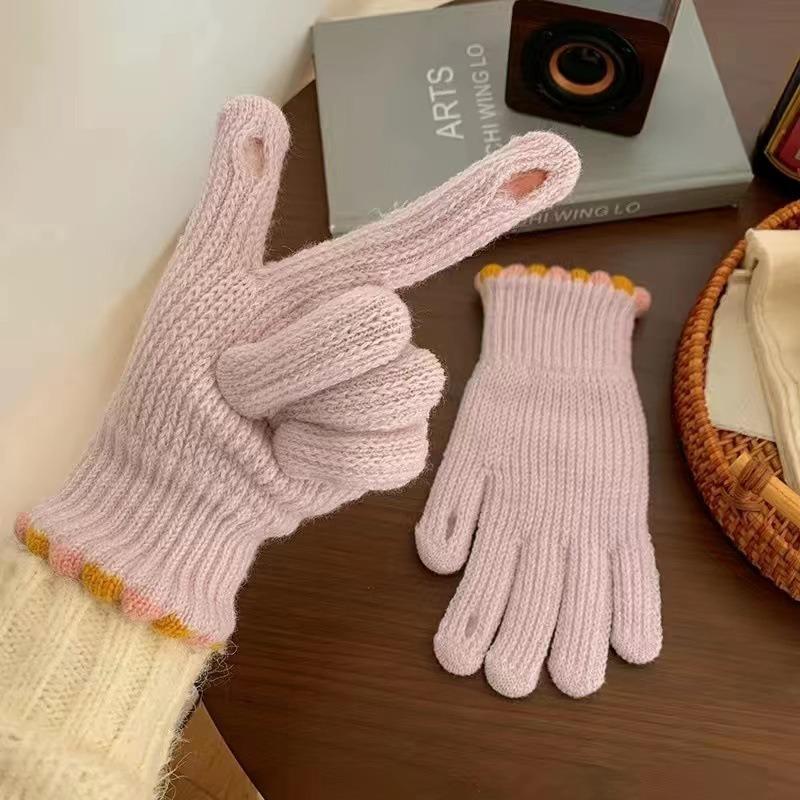 Jelly bean wool knitted gloves, winter women's thick fingers can be exposed to keep warm, five fingers cycling