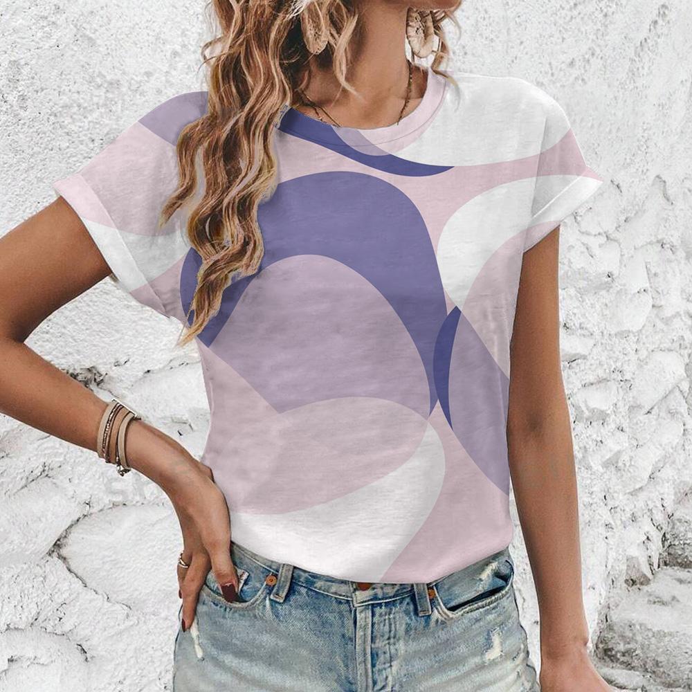 Women's Short Sleeve Crew T-Shirt Fashion Geometric Lines Print T-Shirt Summer Casual Elegant Top Women's Clothing T-Shirt