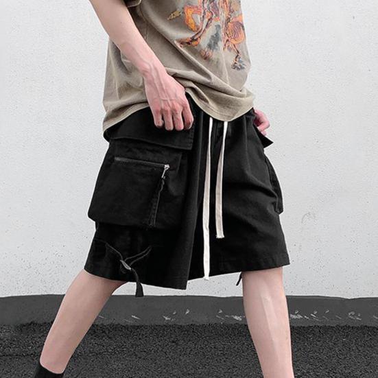 Men Cargo Shorts Elastic Waist Adjustable Drawstring Sport Shorts with Multi Pockets Wide Leg Casual Shorts