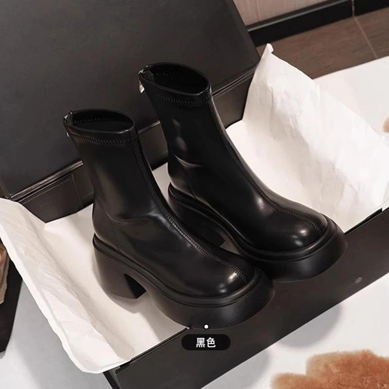 Comemore Spring Autumn New White Short Boots Thick Soled Round Head Botines Shoes for Women Chunky High Heels Ankle Boot