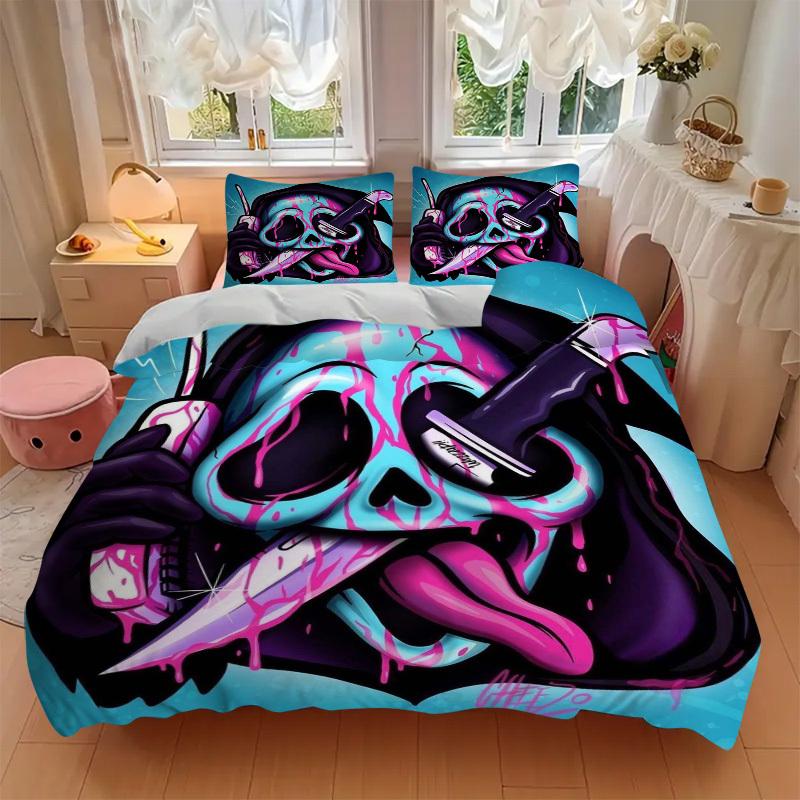 3pcs Anime Skull Bedding Set - Includes One Quilt Cover and Two Pillowcases (No Core) - Perfect for Bedroom and Guest Room Decor, Festive Gi