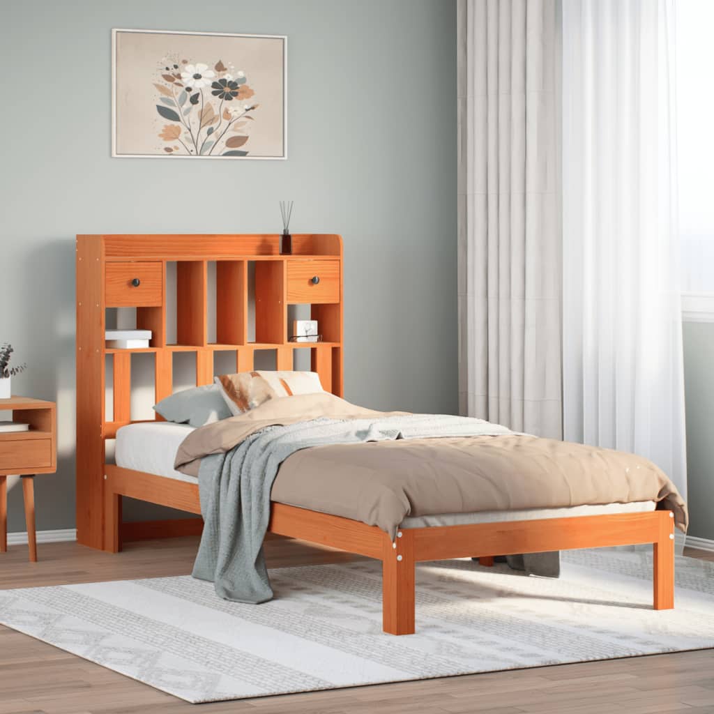 Solid Wood Bed with Shelf without Mattress Wax Brown 75 x 190 cm