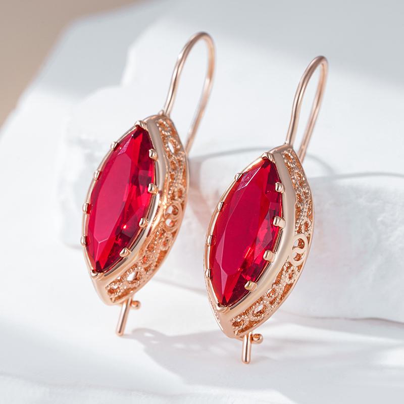 Shiny Red Natural Zircon Long Drop Earrings For Women Rhombus Rose Gold Color High Quality Daily Fine Jewelry