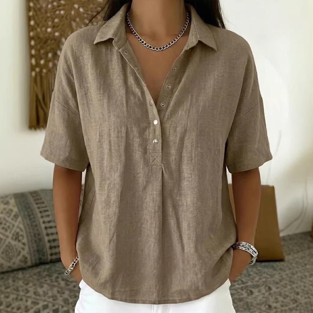 2026 new single-breasted lapel shirt for women solid color casual Polo collar short-sleeved Asian