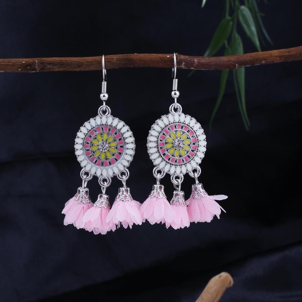 Ethnic Feather Tassel Dangle Earrings - Imitation Miao Silver Style, Popular Tourist Item, Cute Bean Design.