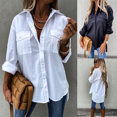 Solid Color Lapel Shirt Pocket Decoration Shirt Loose Sleeved Shirt