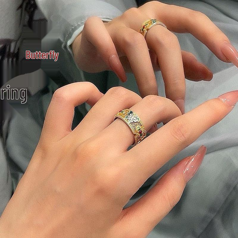 Кольцо-бабочка в античном стиле с золотой эмалью - Цветное, этническое, унисекс, идеальный подарок Adjustable Open Size