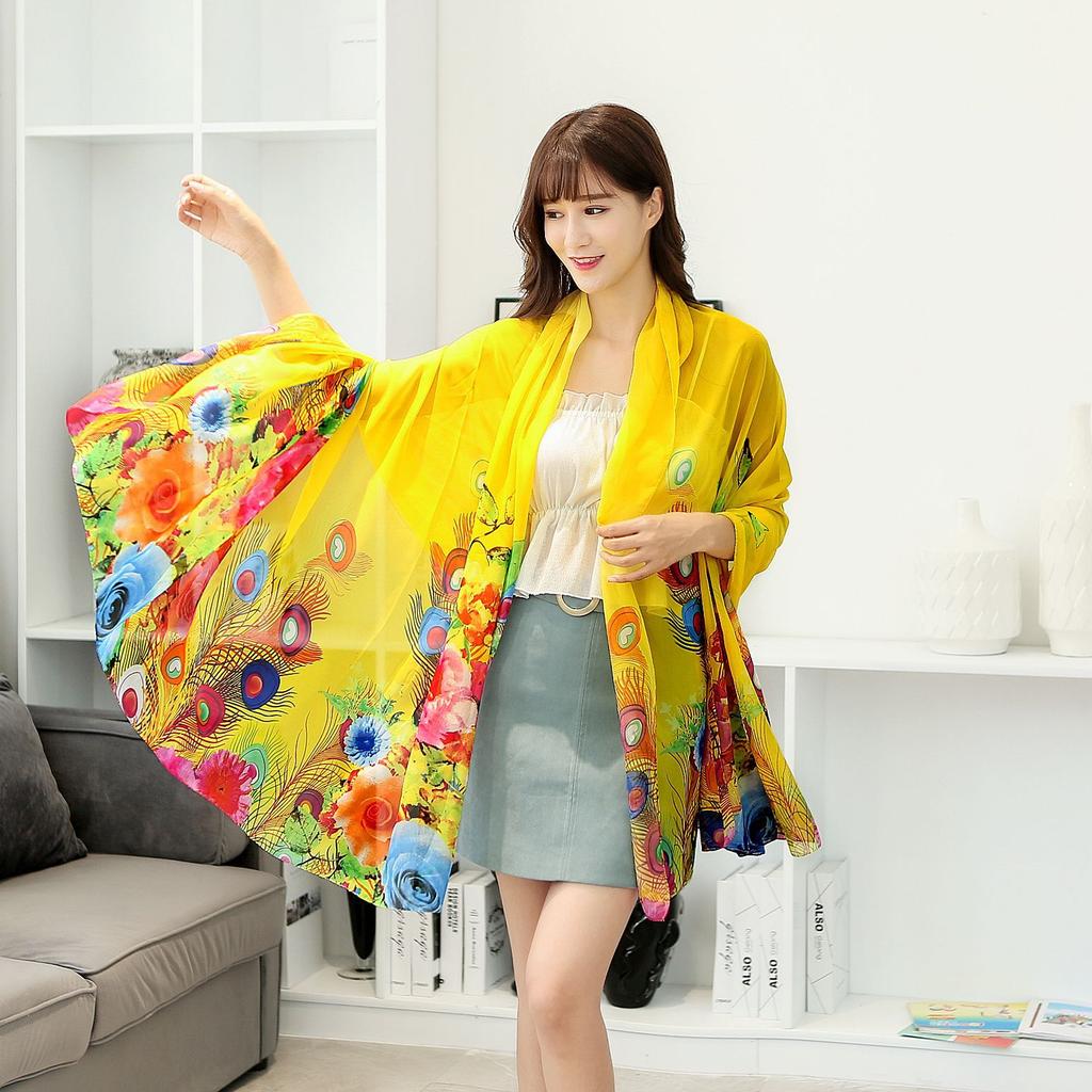 Women Floral Chiffon Shawl Light Thin Sheer Long Beach Wrap Multifunctional Neck Scarf Hair Band Bag Decor Fashion Holiday Sun Protection Accessory