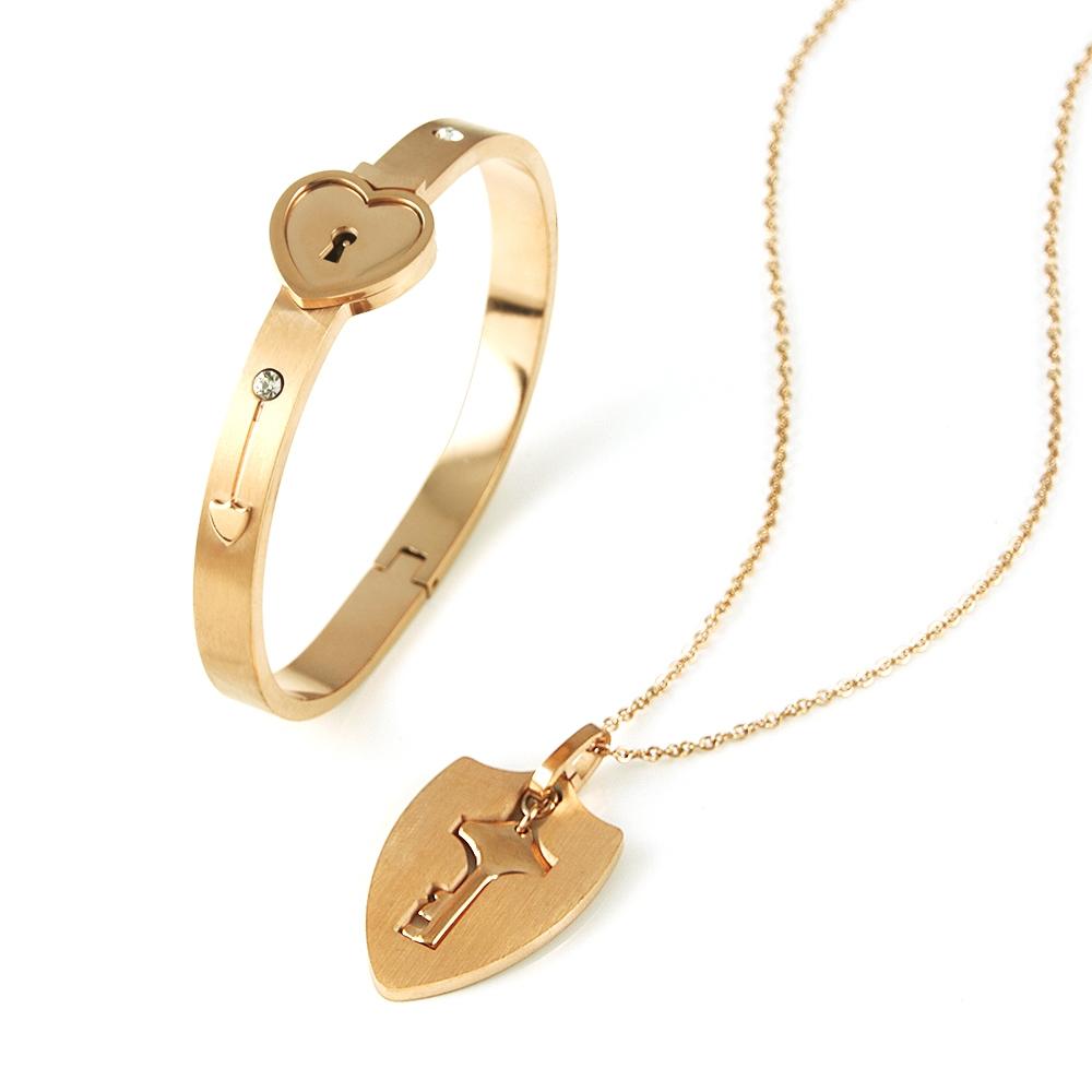 Couple Stainless Steel Bracelet Love Heart Lock Key Pendant Necklace For Women Men Valentine Gift Jewelry
