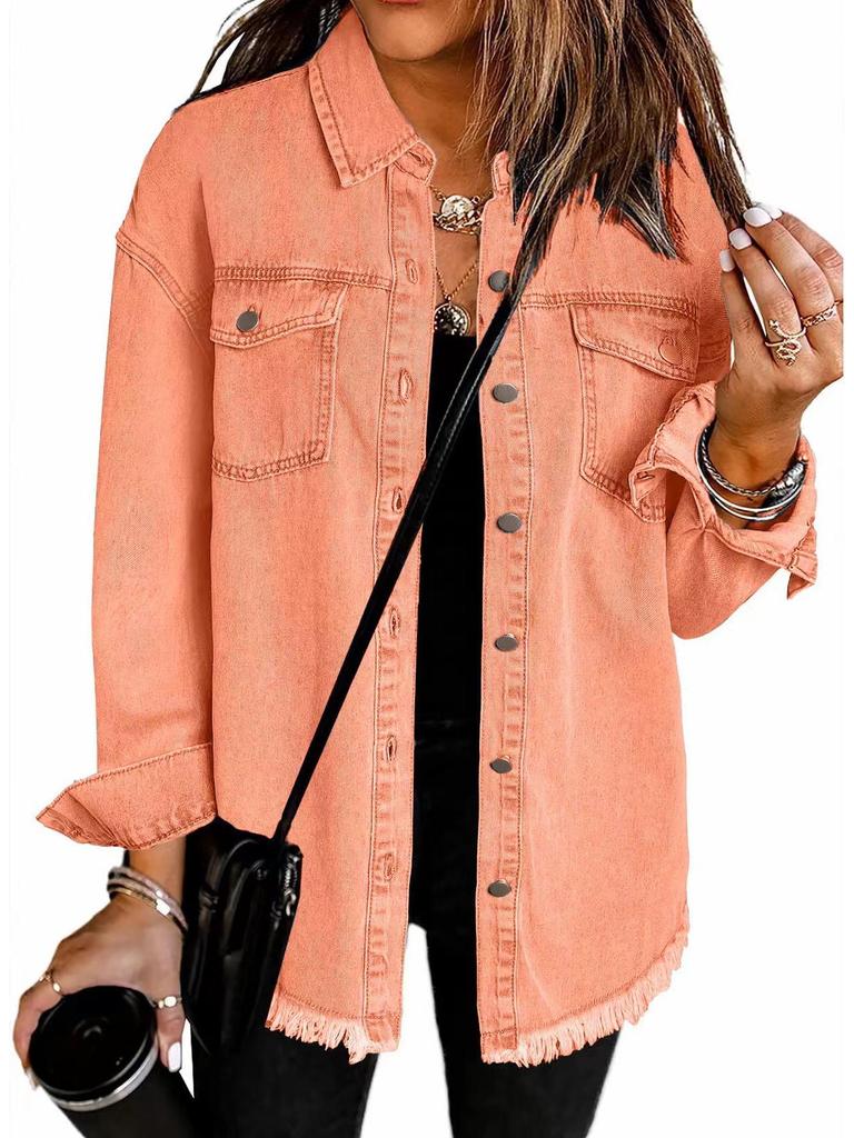 Women's Frayed Hem Denim Shirt Jacket - European & American Street Style for Autumn/Winter.