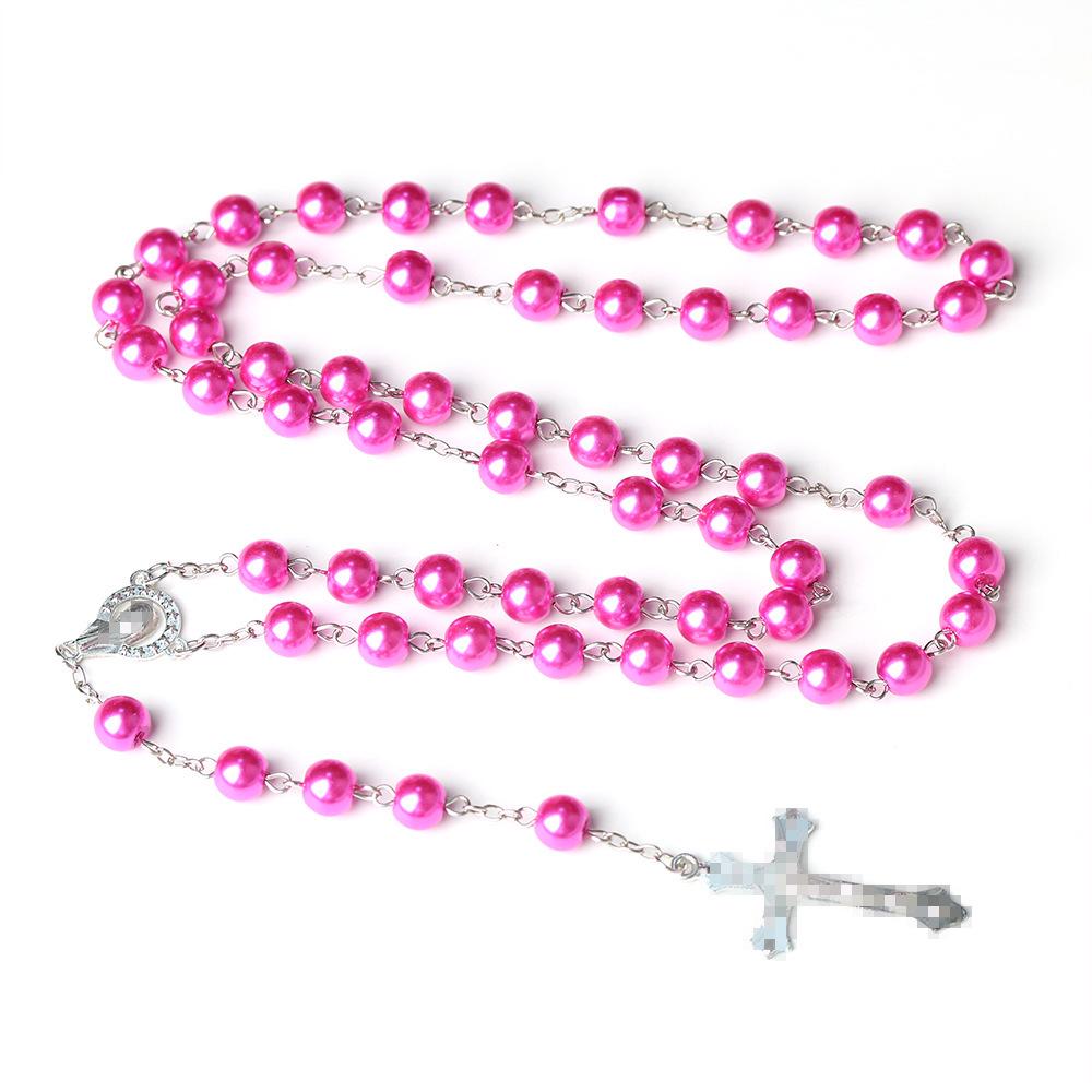 8mm Glass Pearl Rosary Necklace with Cross Pendant - European & American Style