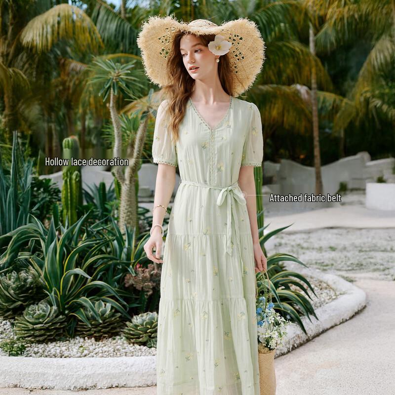 Women's French Floral Embroidered Puff Sleeve A-line Dress