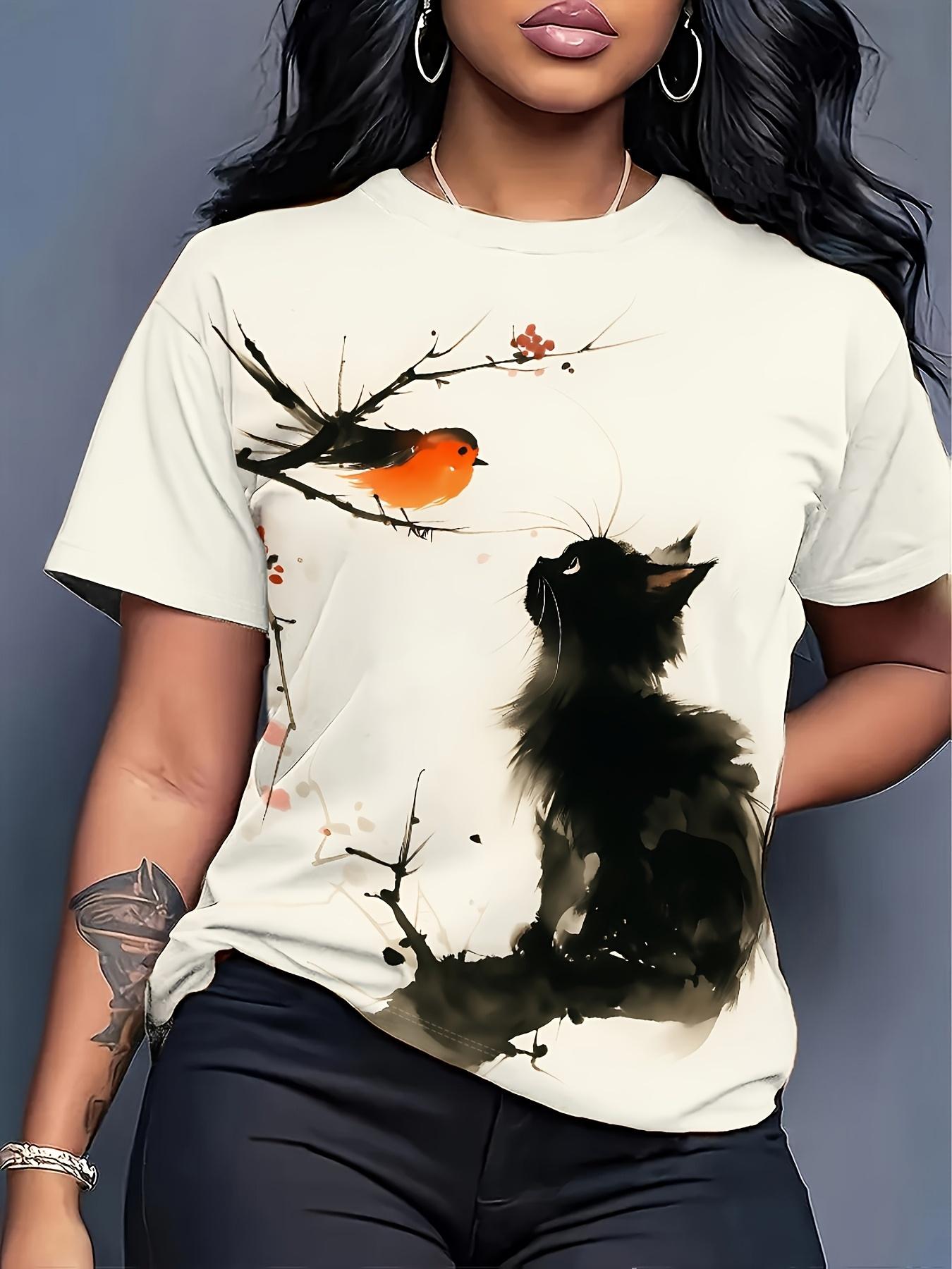 

Women Korean Ink Wash Cat ; Bird T-Shirt - Vintage Short Sleeve Round Neck Blouse-Compatible Top Suitable for Parties.. Outdoor. Casual Wear - Machin M дубильная кора