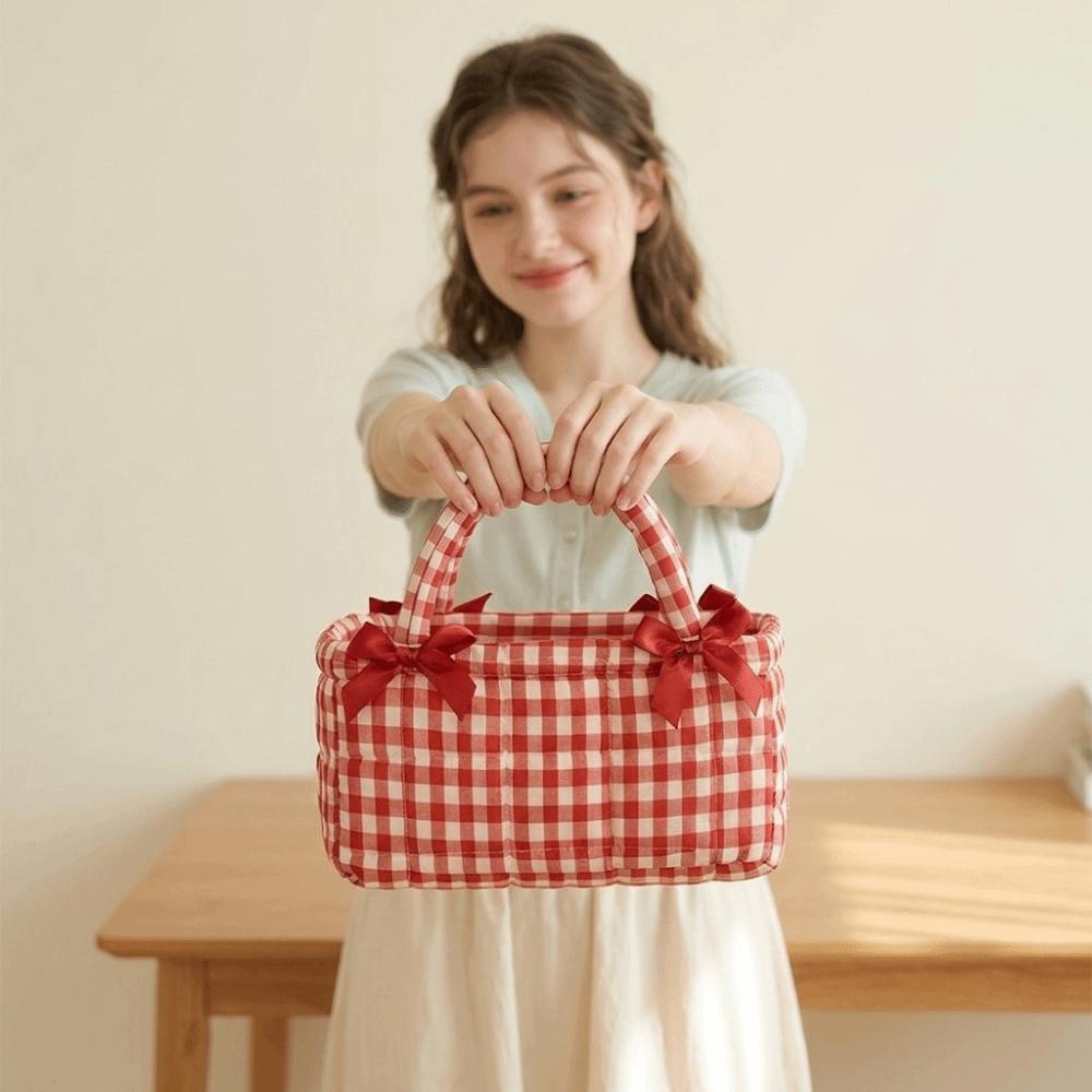 Quilted Craft Picnic Bag Plaid Design Storage Basket French Style Fabric Organizer Bedroom Use