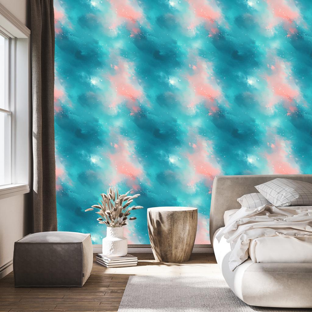 Watercolor Galaxy Wallpaper Turquoise and Light Gray 50x1000