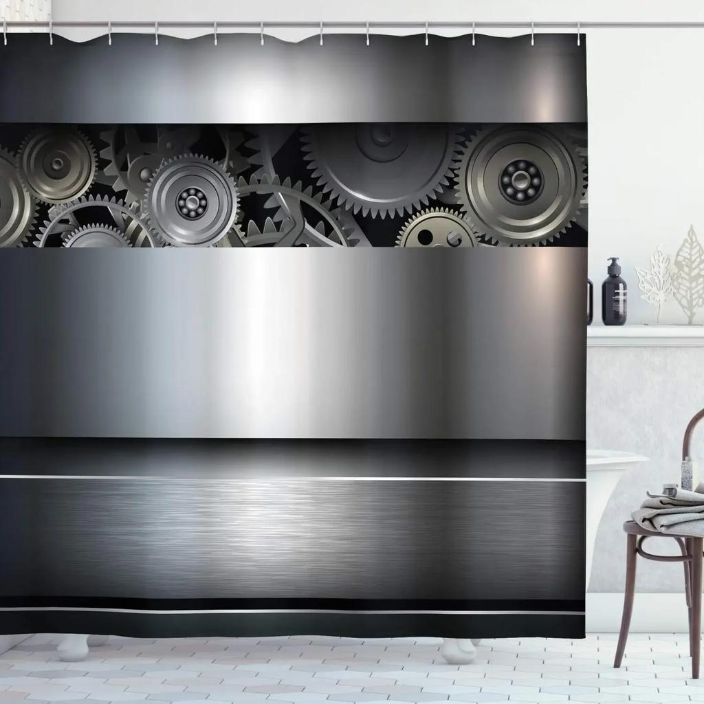 Retro Steampunk Clocks and Gears Shower Curtain Mechanical Clocks Details Over Old Metal Cloth Fabric Bathroom Curtain Set,hooks