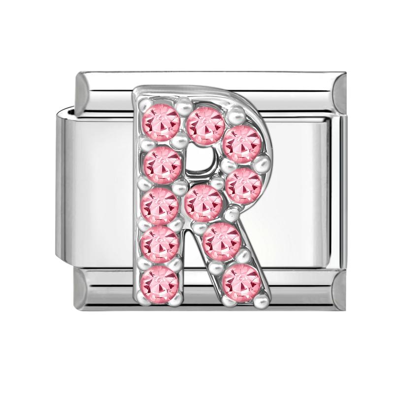 1pz Micro Intarsiato Zirconia Rosa Full Zircone 26 Lettere Inglesi Fascino Italiano Adatto Bracciale in Acciaio Inossidabile da 9mm Gioielli Fai da Te