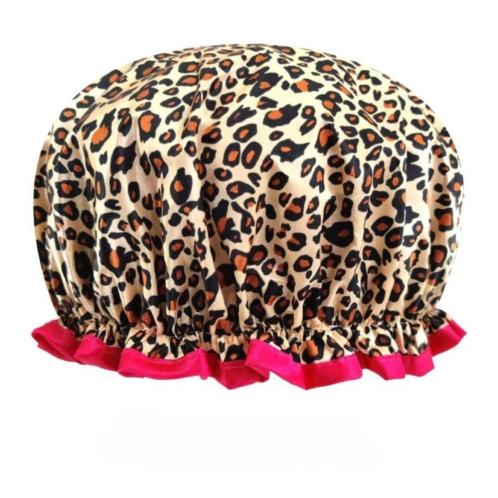 Double Layer Waterproof Shower Cap – Leopard Print Reusable Hair Cover for Women Girls Spa Use