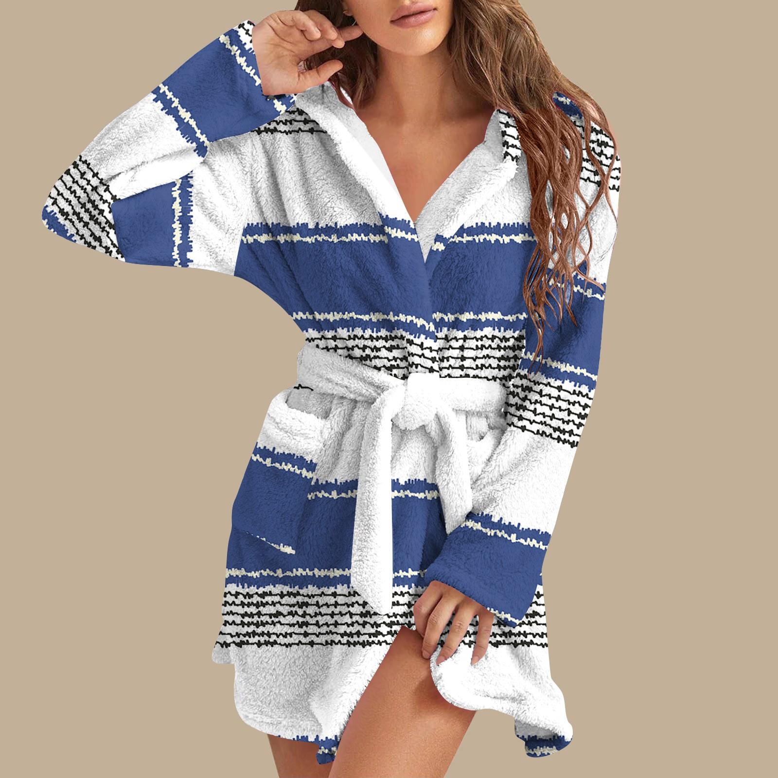 

Женский теплый фланелевый халат с длинными рукавами, осенне-зимний, с разноцветной строчкой в клетку M синий