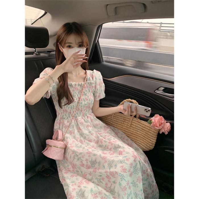 

Floral square neck dress women s summer new sweet waist and thin medium and long super fairy first love skirt S