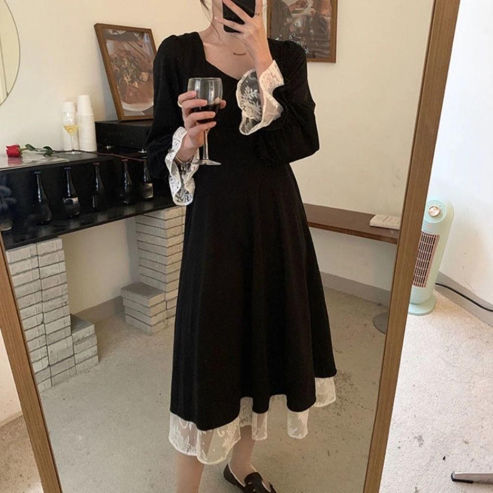 A-line Girls Long Dress Slim Fit Puff Long Sleeved Dress Fashion Lace Princes Dress  Ladies