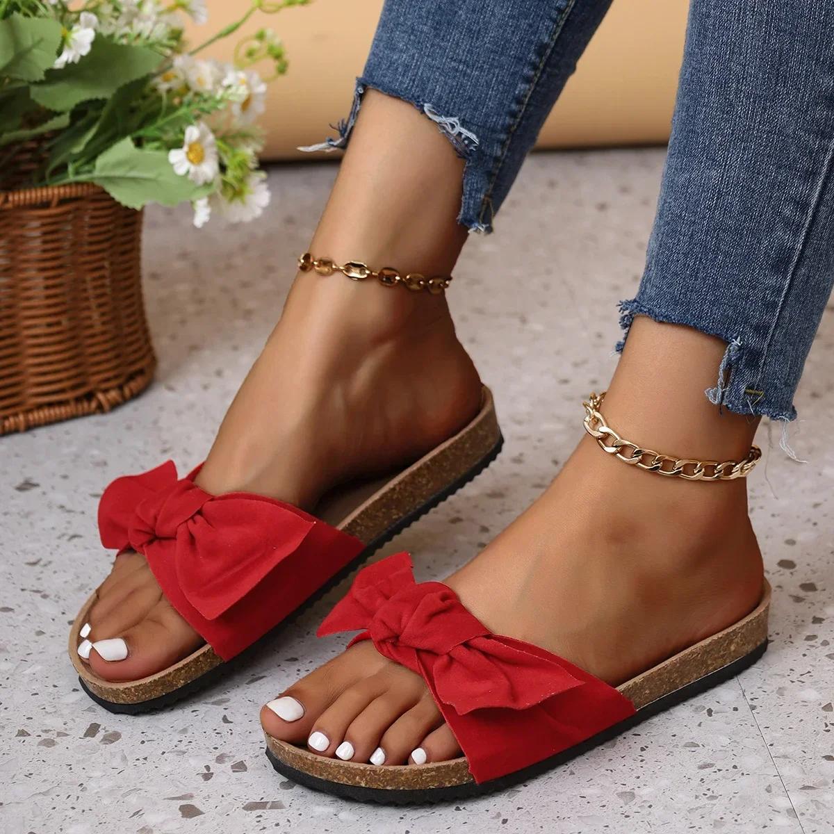 

Fashion 2025 Hot Sale Ladies Shoes Open Toe Women s Slippers Outdoor Daily Slippers Women Bow Tie Leopard Plus Size Flat with Sandals 43 красный