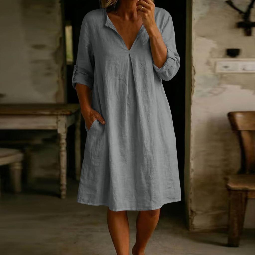 Women Casual Loose Fit V Neck Cotton Linen Dress with Three Quarter Sleeves and Side Pockets for Daily Wear Comfortable Style