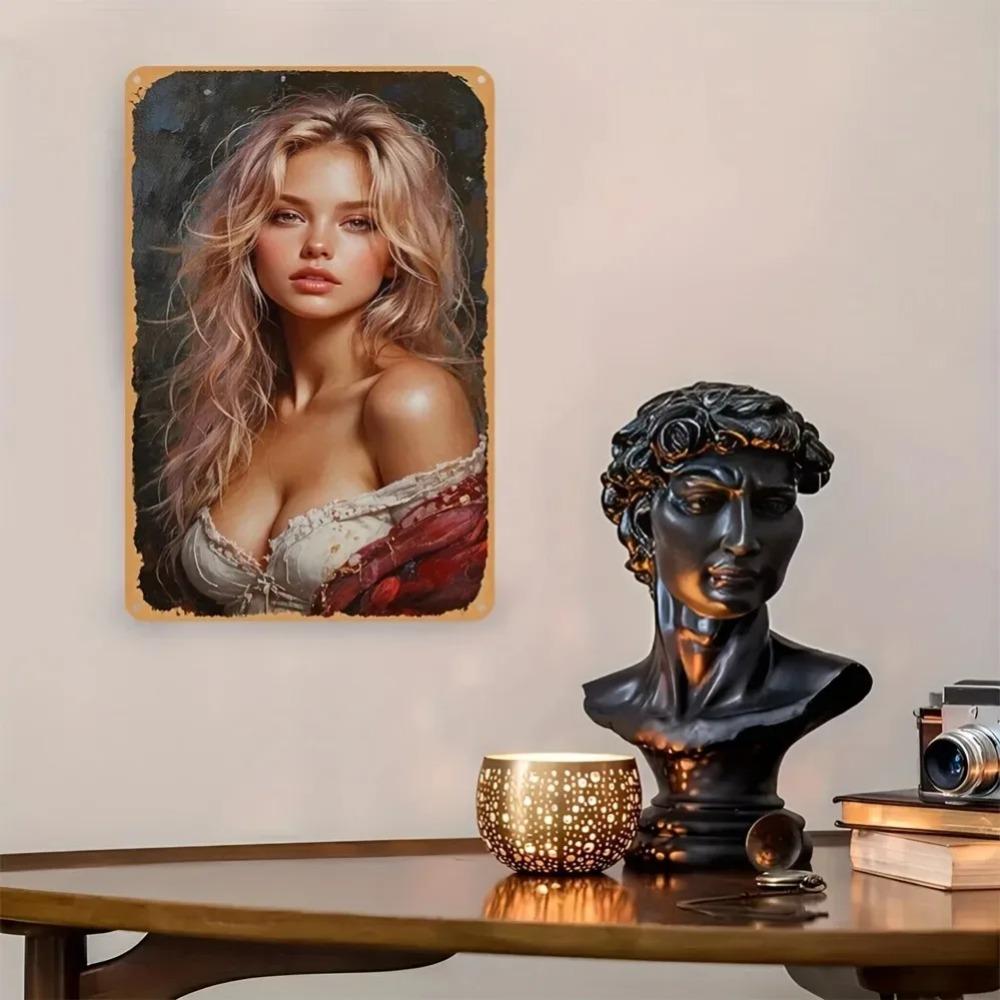 Vintage Red 2D Woman Aluminum Wall Art - Waterproof Dustproof Home Bar Cafe Decor, Ideal Christmas Gift