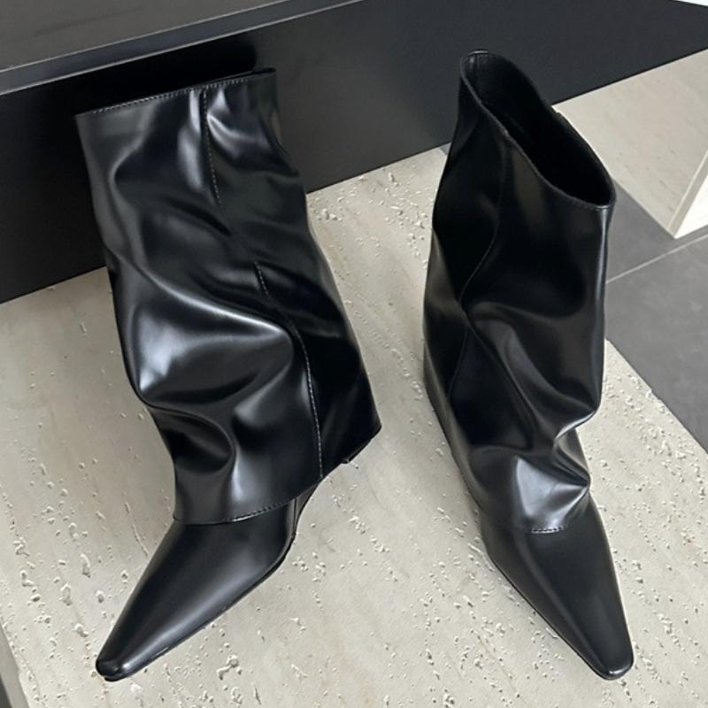 Fashion Autumn Winter Wedges Heels Pleated Pointed Toe Women Ankle Boots Banquet Prom Female Shoes Botas Mujer