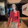 Korean red careful machine hollow front shoulder long-sleeved t-shirt women's autumn and winter design short bottoming shirt with top