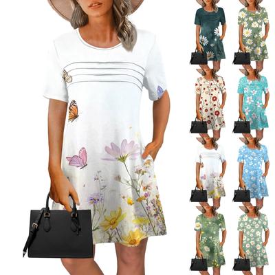 Women's Summer Dresses Women's Summer Floral Print Dresses Short Sleeve Round Tie Pocket Casual Dresses