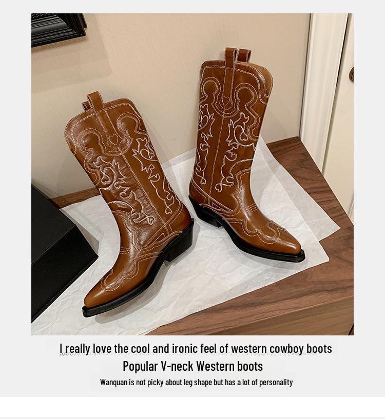 French Black & White V-Neck Embroidered Cowboy Boots, Mi Jie Style, Medium-High Tube, European & American Women's Short Boots