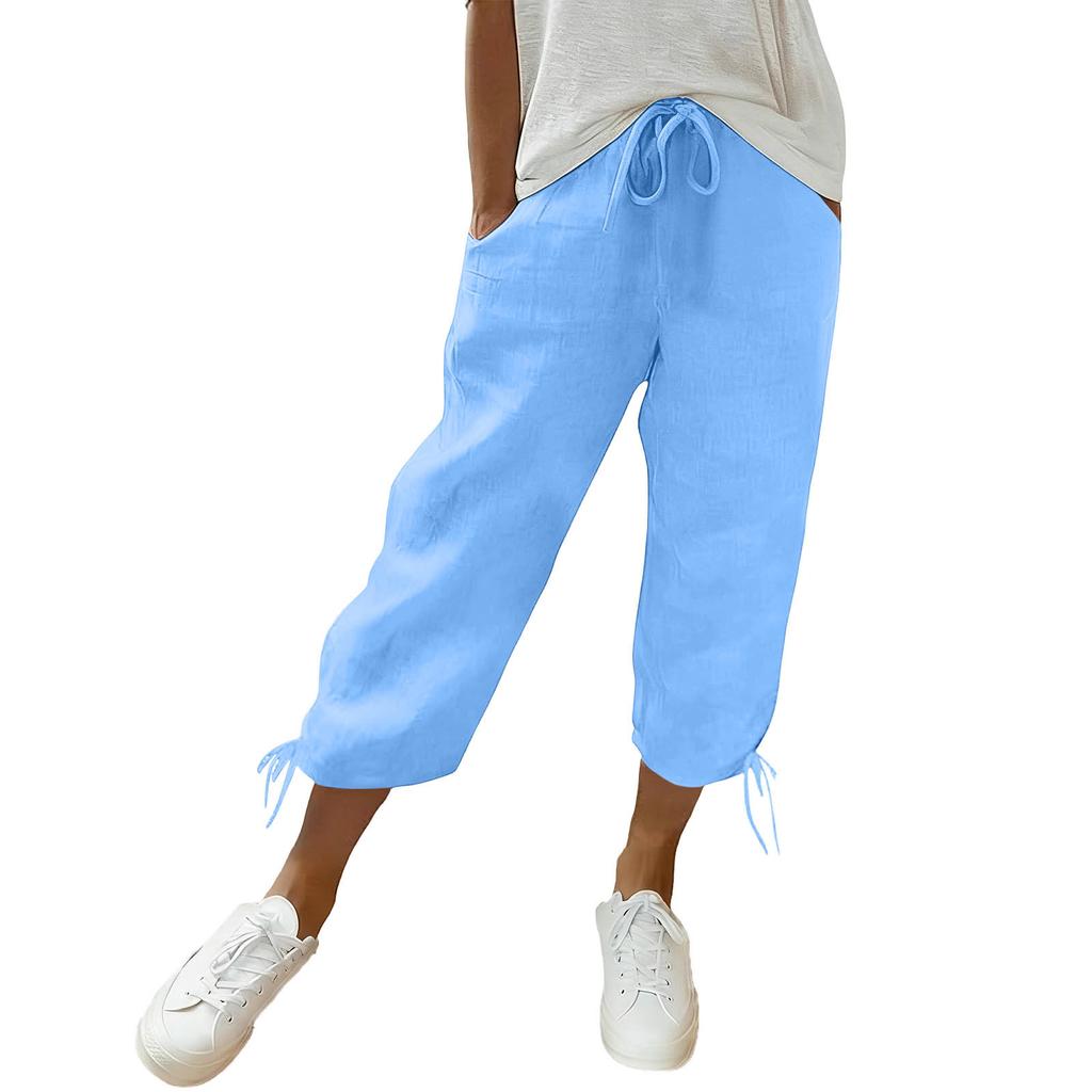 Women Loose Cotton Linen Drawstring Solid Pocket Casual Capri Pants