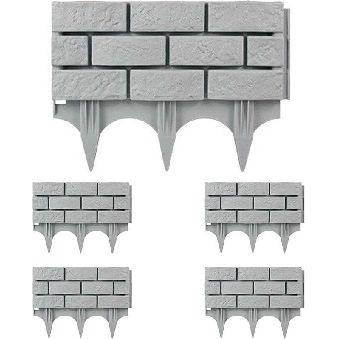 Valla de Borde para Césped de Jardín Exterior Ladrillo Piedra Aspecto Bordes Sin Excavar Encajables Borde de Paisaje Kits Decorativos Plástico 5 PIEZAS (Gris-5pcs)
